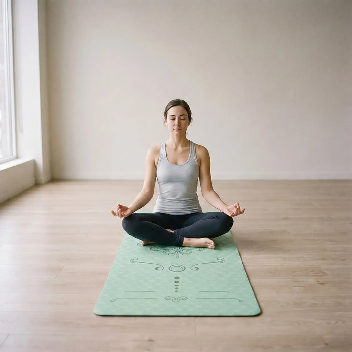 Unisex extra wide TPE exercise mat, grey, unrolled for comfortable home workouts. Cushioned, non-slip fitness gear.