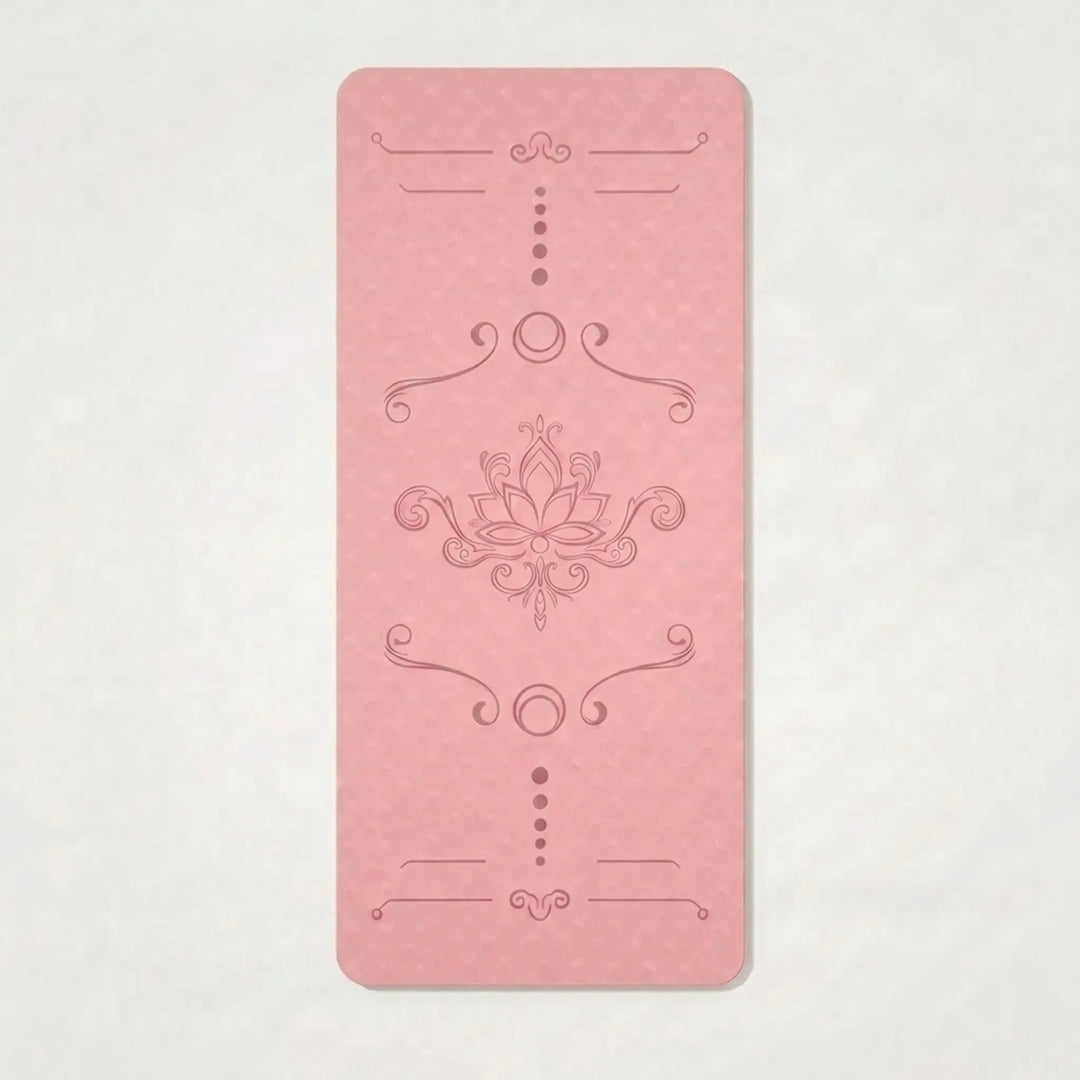 Side profile of the thick, cushioned extra wide TPE mat, designed for ultimate comfort during home workouts.