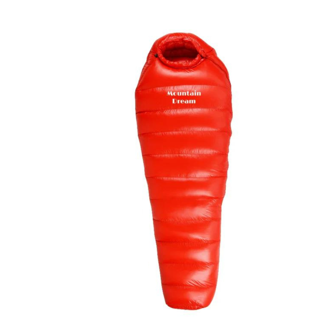 Warm winter sleeping bag, down insulated & waterproof ripstop nylon, essential cold weather camping gear.