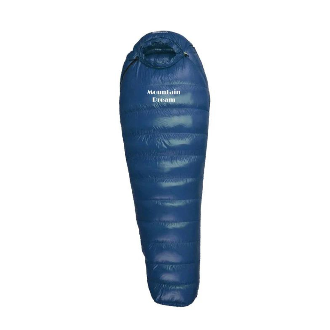 Portable extreme cold sleeping bag for backpacking, durable ripstop nylon & down insulation for winter camping.