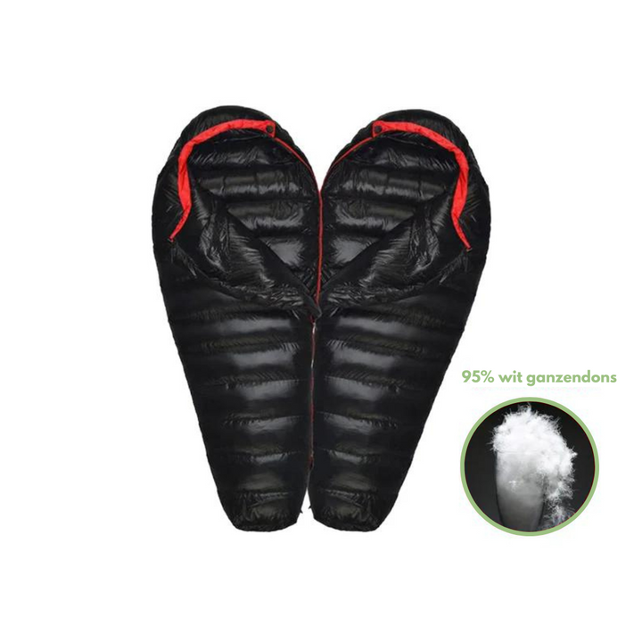 Lightweight & portable winter sleeping bag, down insulated for extreme cold and backpacking camping gear.