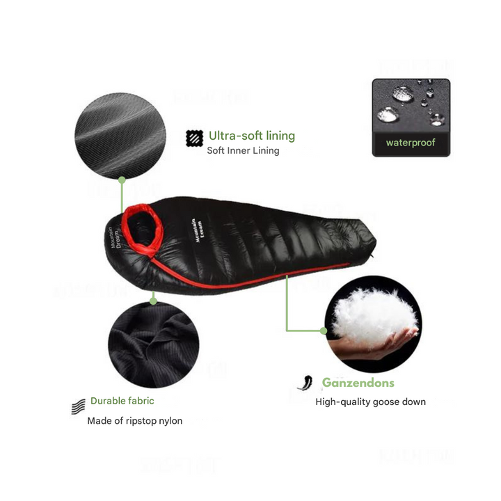 Unisex extreme winter camping sleeping bag with down insulation, waterproof ripstop for ultimate cold weather protection.