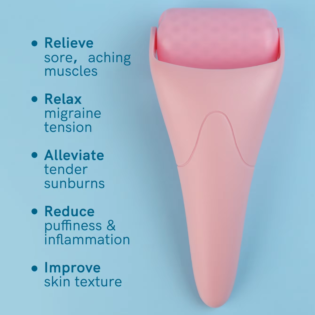 Promotional image of a facial ice roller, emphasizing its anti-aging properties and skin tightening benefits