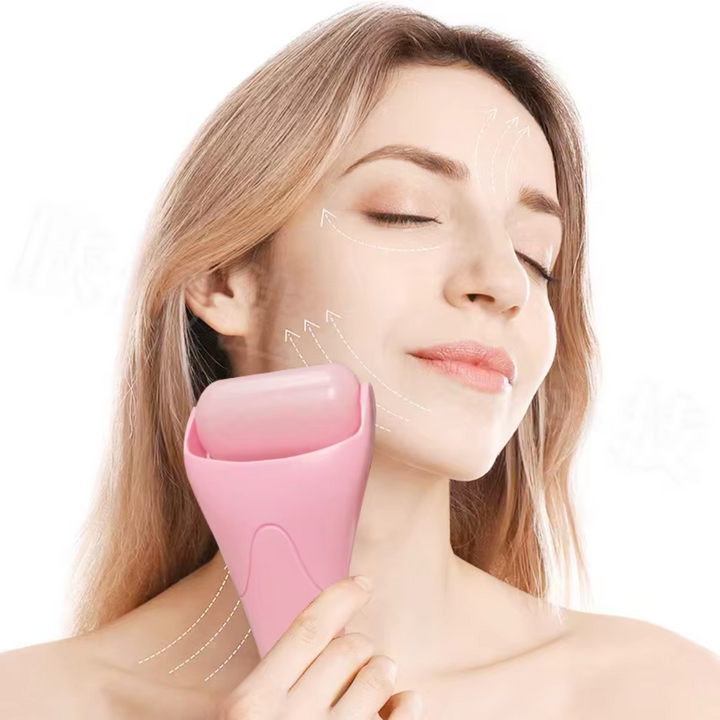 Action shot of an ice roller gliding smoothly across facial contours, ideal for lymphatic drainage and reducing swelling