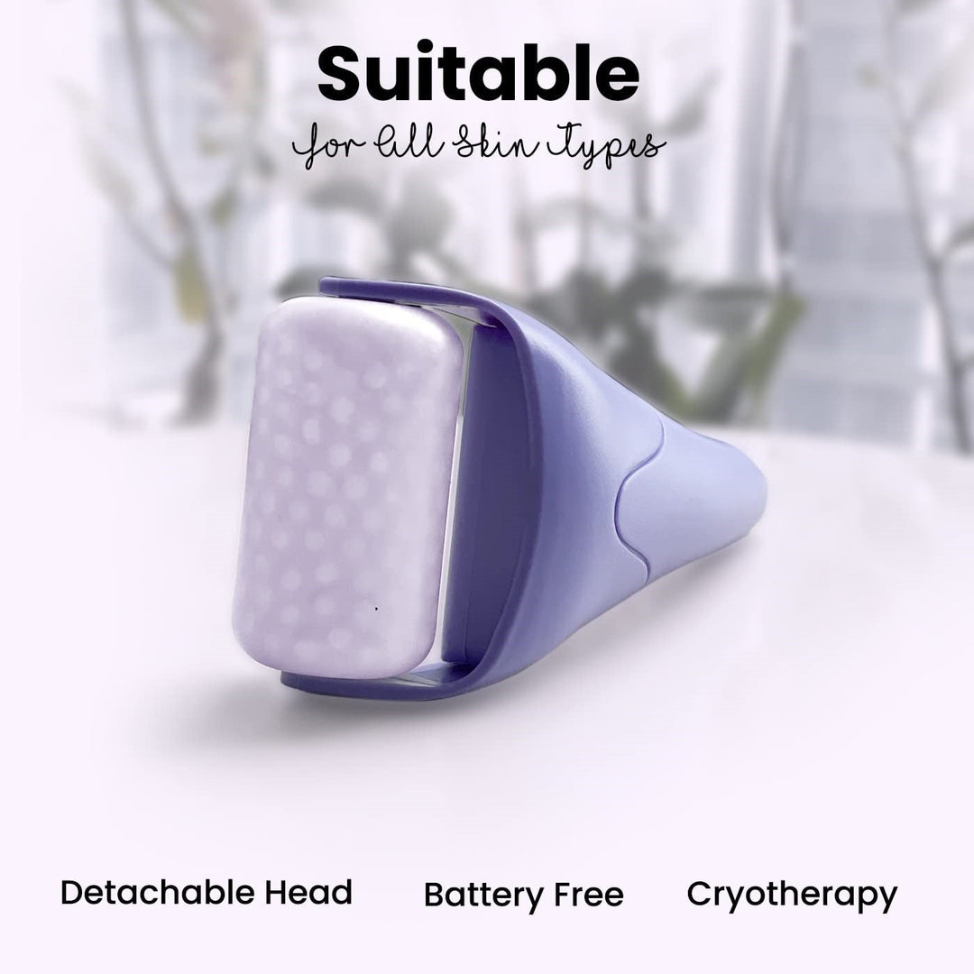Ice roller next to fresh ice cubes, symbolizing its cooling power and ability to invigorate tired skin for revitalization