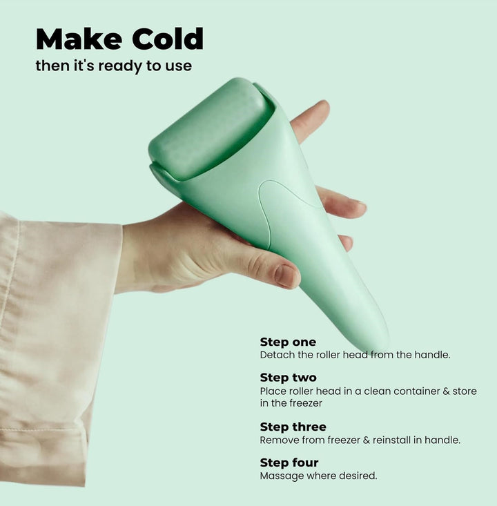 Facial ice roller applied to a person's cheek, illustrating its use for soothing skin and reducing inflammation