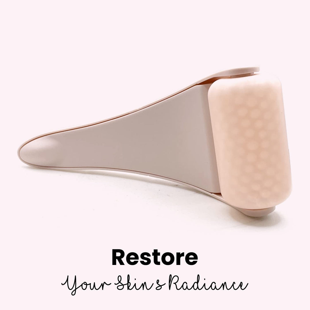 Facial ice roller in use on a forehead, targeting fine lines and providing a refreshing cooling sensation for the skin