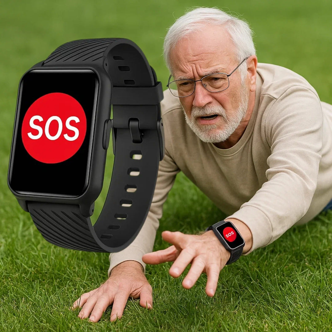 Waterproof fall detection smartwatch for daily wear, ideal for seniors' safety with GPS & emergency calls.