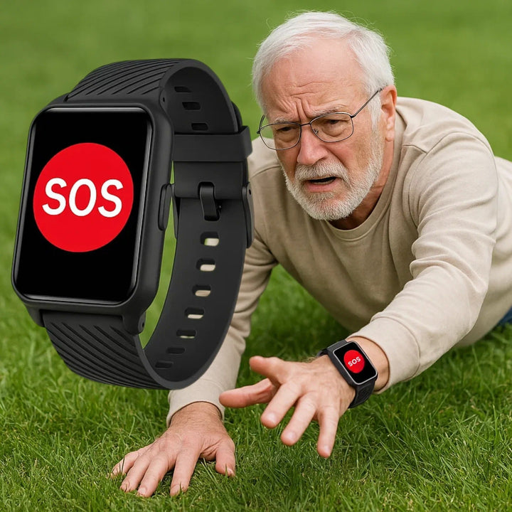 Waterproof fall detection smartwatch for daily wear, ideal for seniors' safety with GPS & emergency calls.