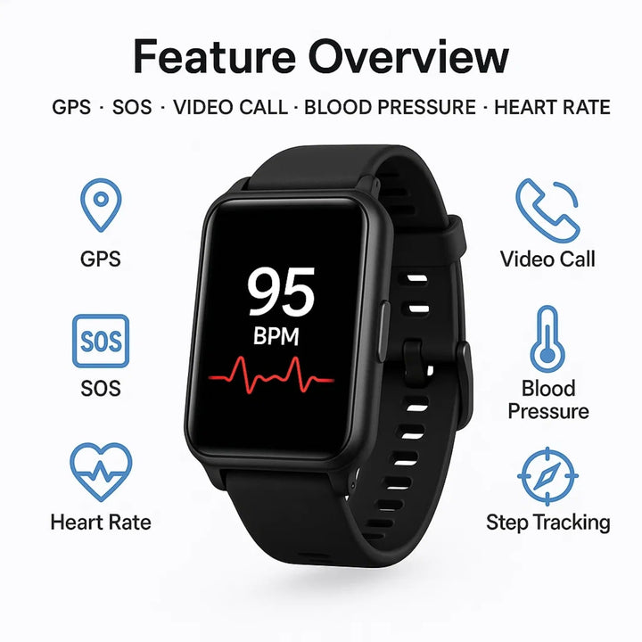 Unisex smart watch with clear digital display, fall detection, GPS, and easy-to-use emergency function.