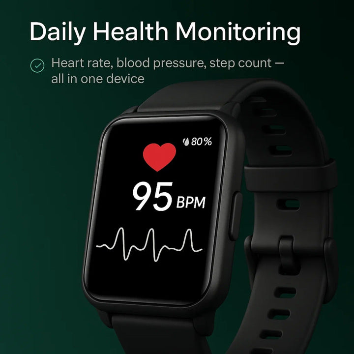 Smartwatch for seniors with one-touch emergency call, fall detection, heart rate, and activity tracking.