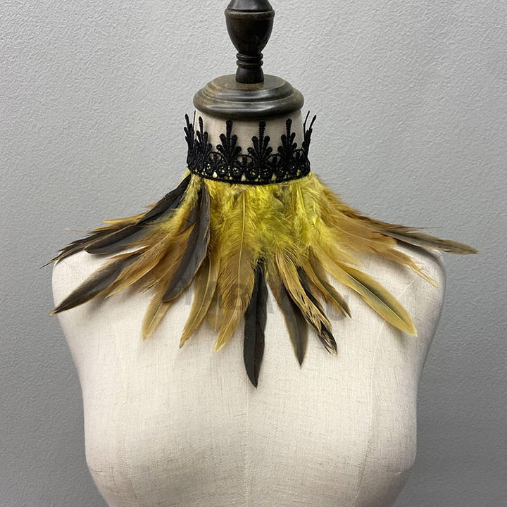 Dramatic faux feather collar necklace, an eye-catching accessory for Halloween, stage, or themed parties.