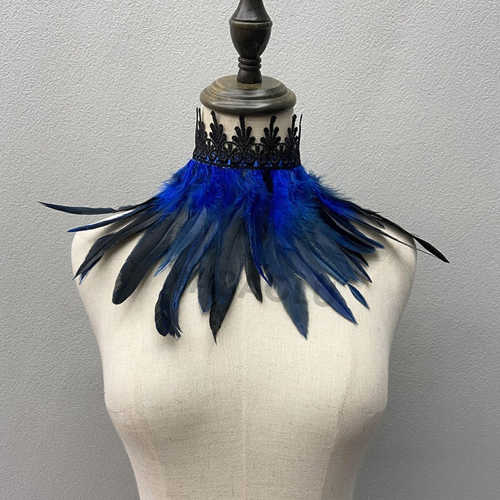 Front view of an elaborate faux feather choker, a bold fashion statement piece for special occasions.