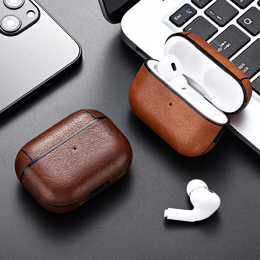 Unisex faux leather protective case for AirPods, durable and stylish earbuds accessory.