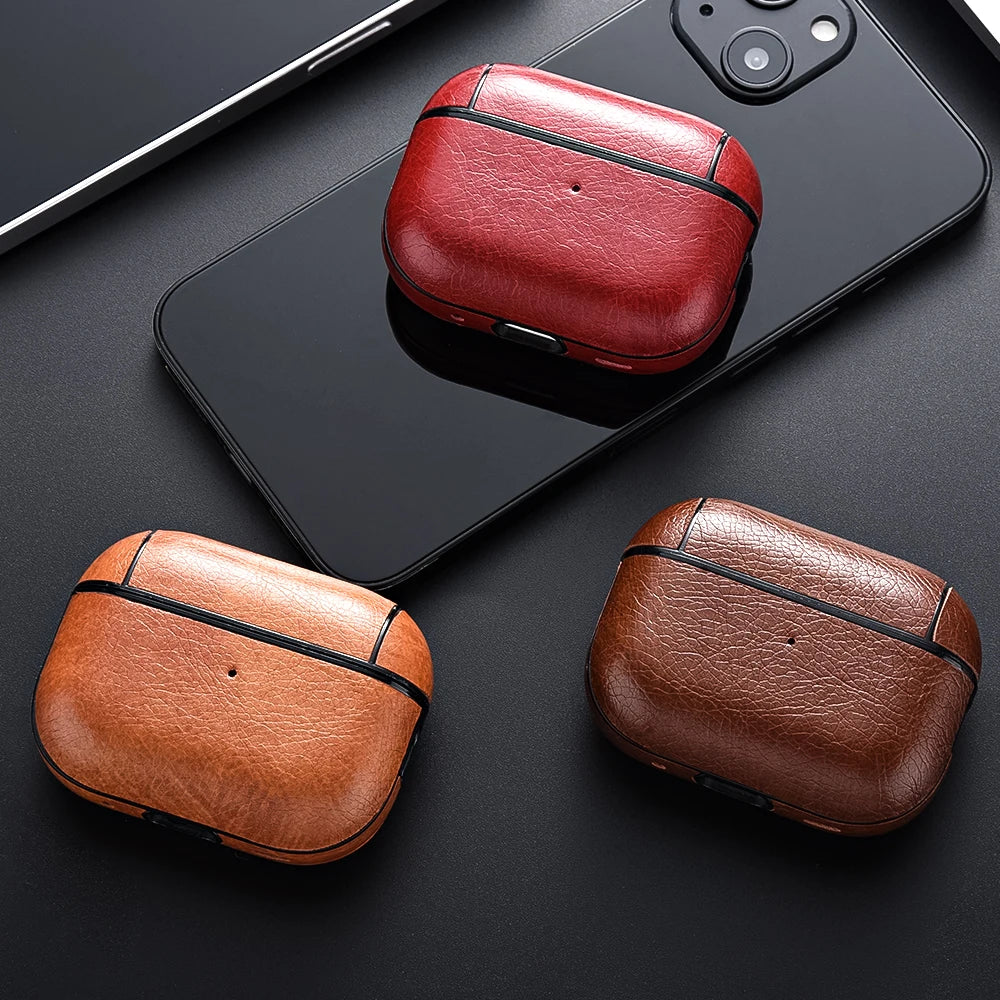 Faux leather AirPods Pro protective case, durable and non-slip tech accessory.