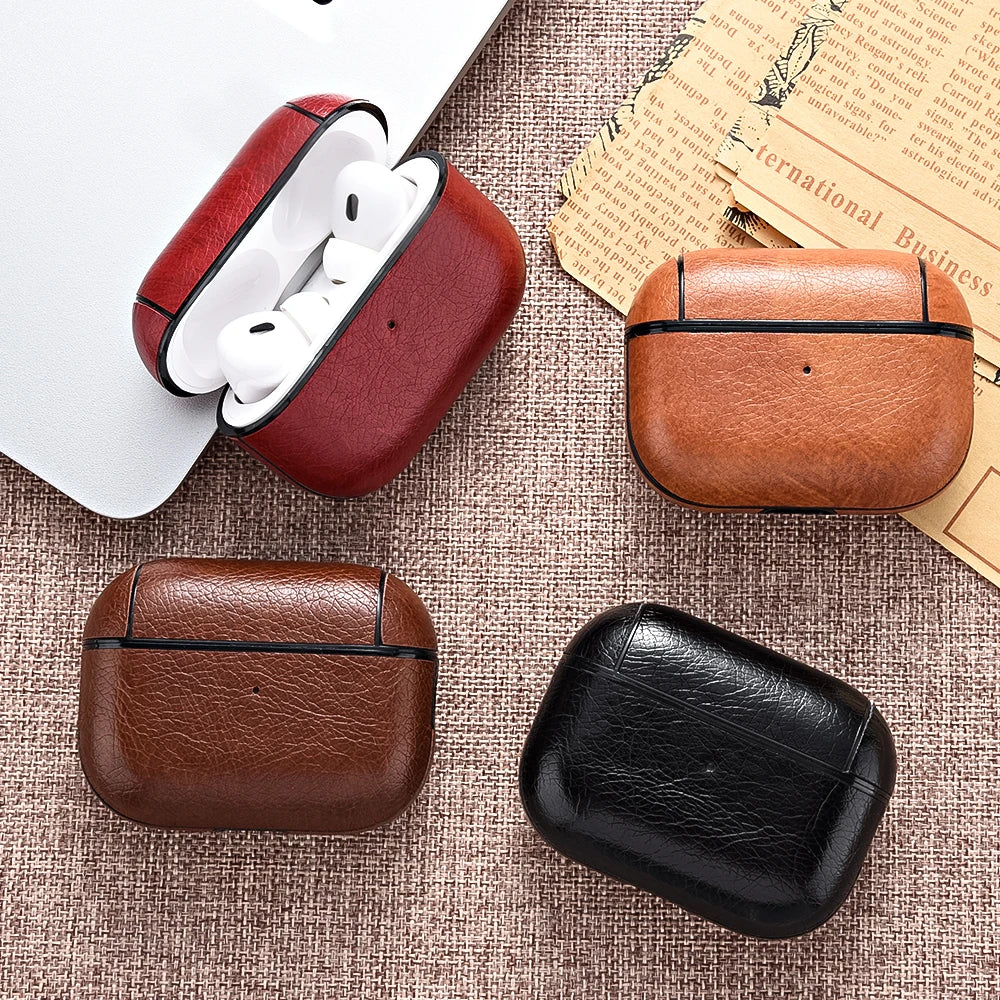 Stylish faux leather protective cover for AirPods 3, essential tech accessory for daily use.