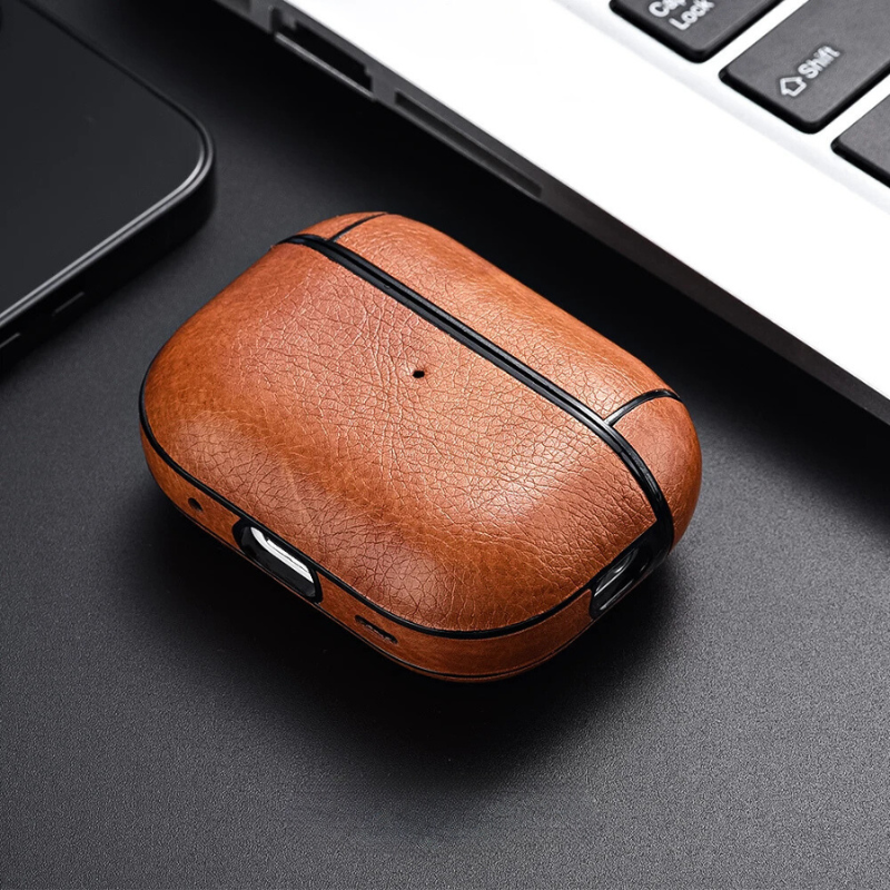 Sleek faux leather case for AirPods, a stylish and protective accessory for wireless earbuds.