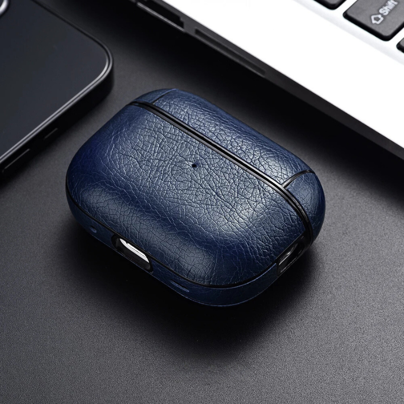 Elegant faux leather AirPods protective cover, perfect non-slip accessory for wireless earbuds.