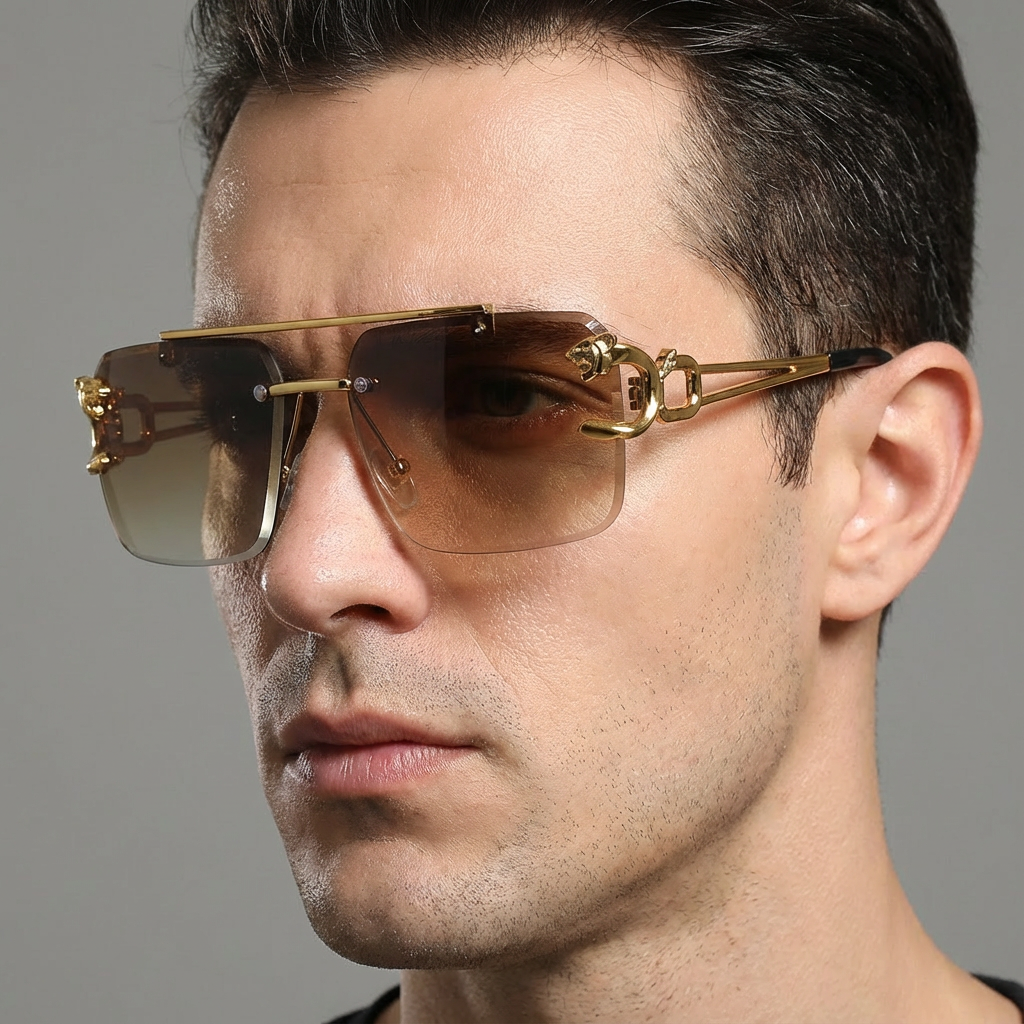 Sleek rimless polycarbonate sunglasses, a modern fashion accessory for both men and women.