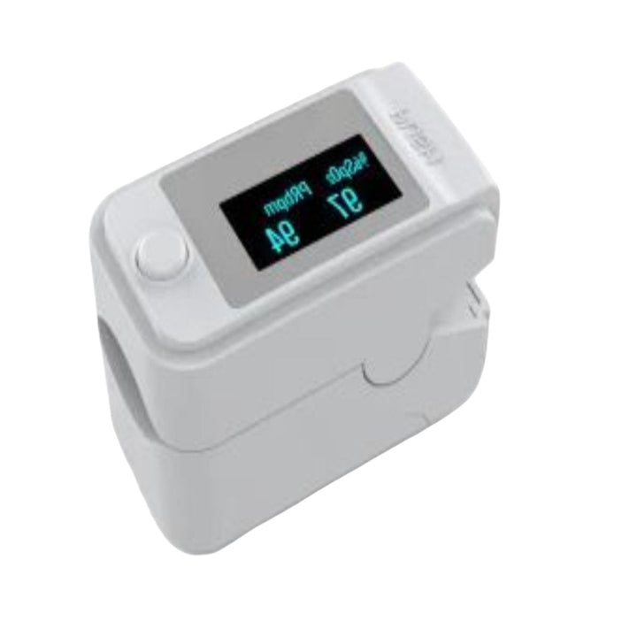 Portable finger pulse oximeter for quick, non-invasive oxygen saturation & pulse monitoring at home or during sports.
