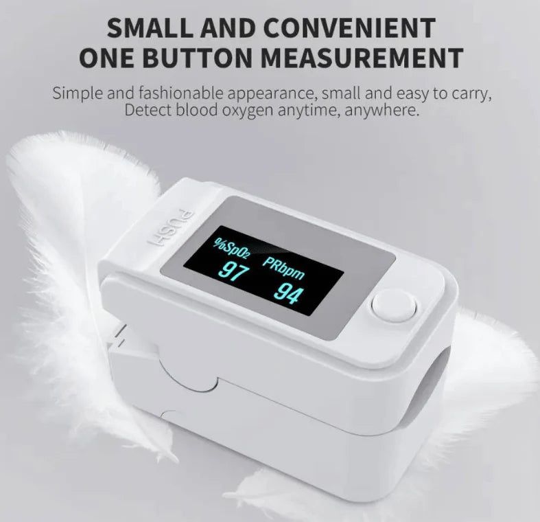 Accurate unisex finger pulse oximeter with LED display for monitoring vital signs, blood oxygen & pulse rate.