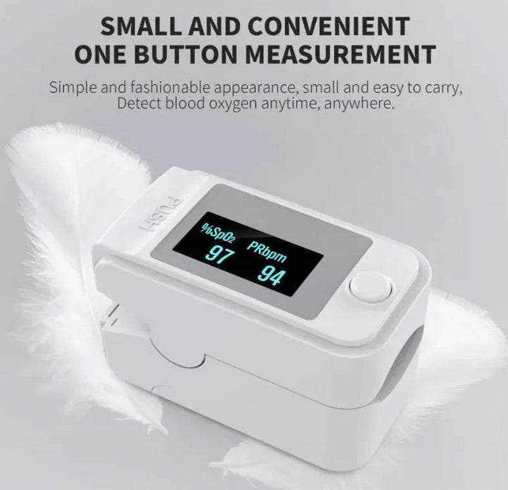 Accurate unisex finger pulse oximeter with LED display for monitoring vital signs, blood oxygen & pulse rate.