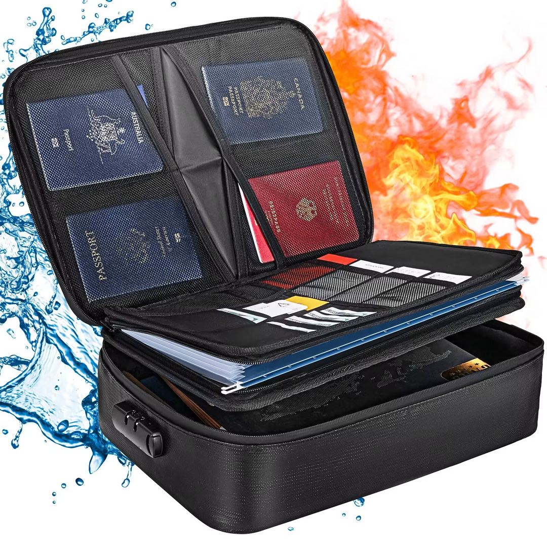 Unisex fireproof waterproof document organizer bag for essential home documents & valuables.