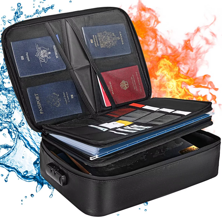 Unisex fireproof waterproof document organizer bag for essential home documents & valuables.