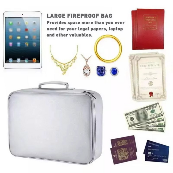 Portable fireproof waterproof document organizer for secure travel with cash, files & passports.