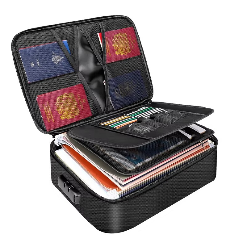 Durable fireproof waterproof document bag, ideal for storing important papers, cash & valuables.