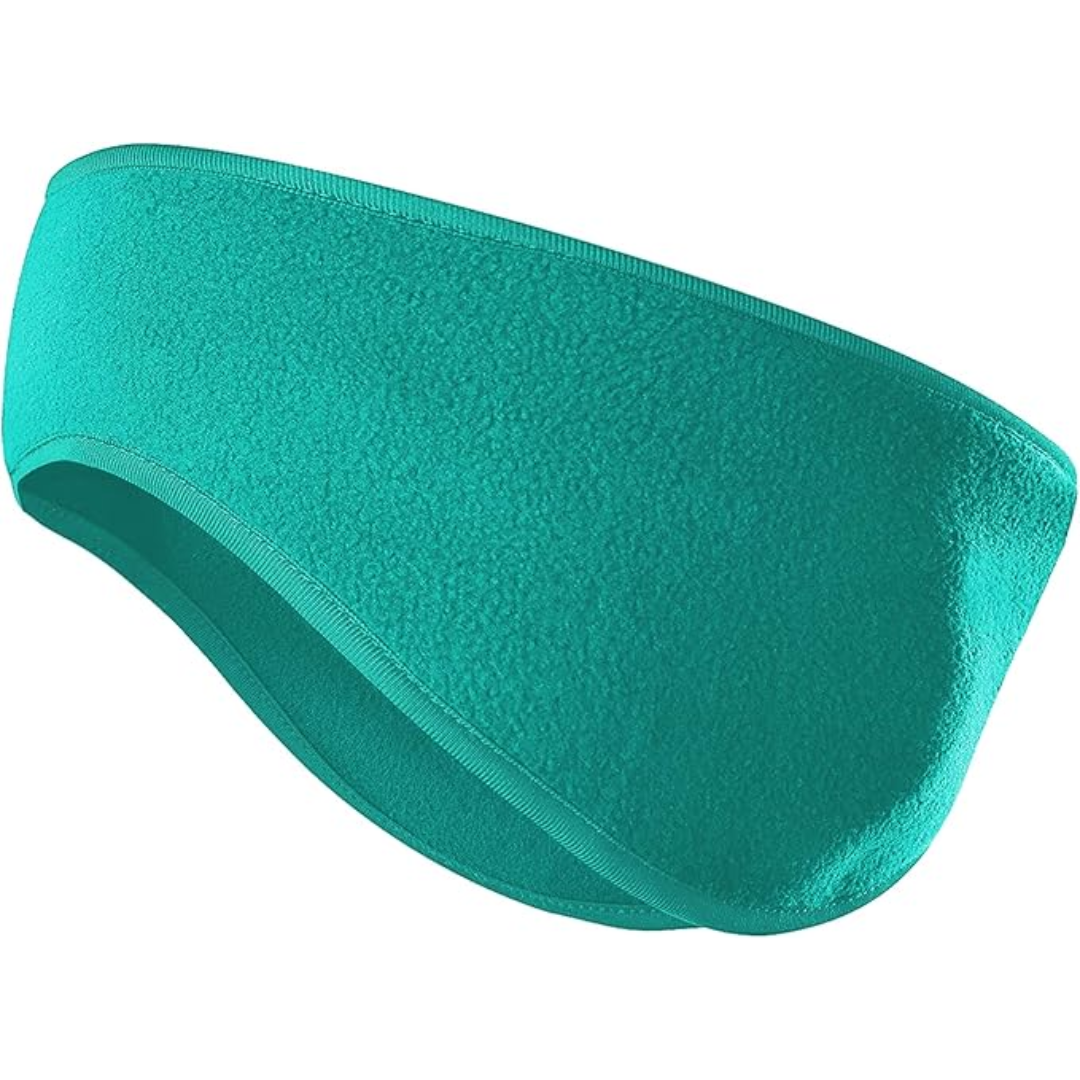 Person wearing a black fleece ear warmer headband, demonstrating its warmth for winter.