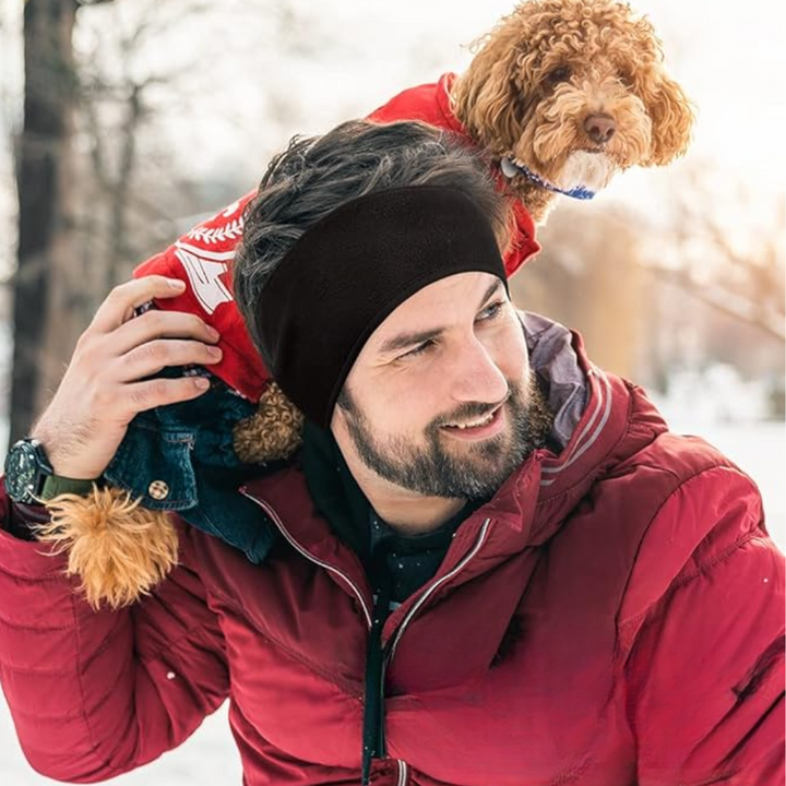 Seamless olive green fleece ear warmer headband, designed for unisex comfort in cold.