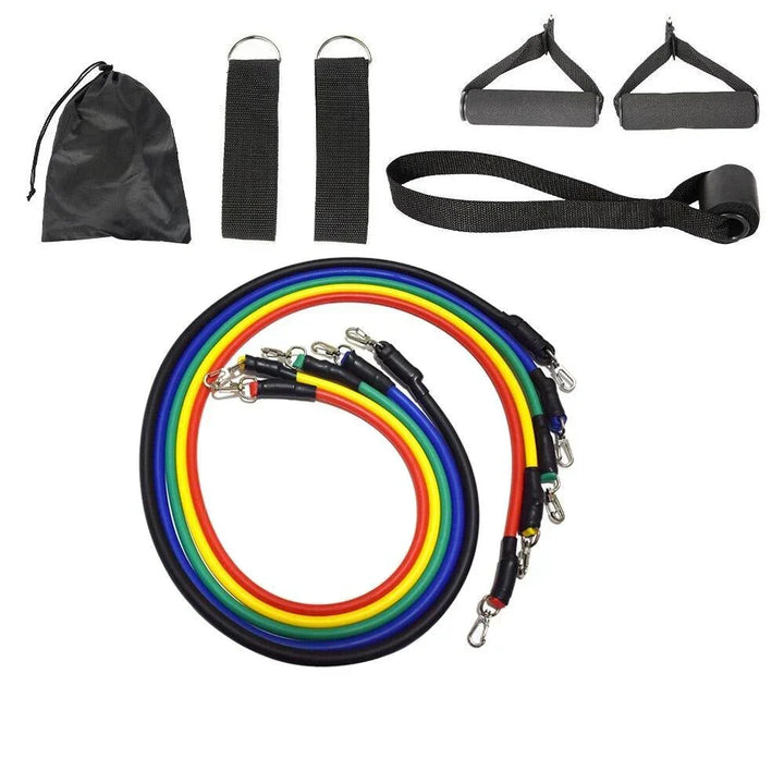 Durable elastic resistance bands in a FlexiFit set, great for strength training, muscle building & full body workouts.