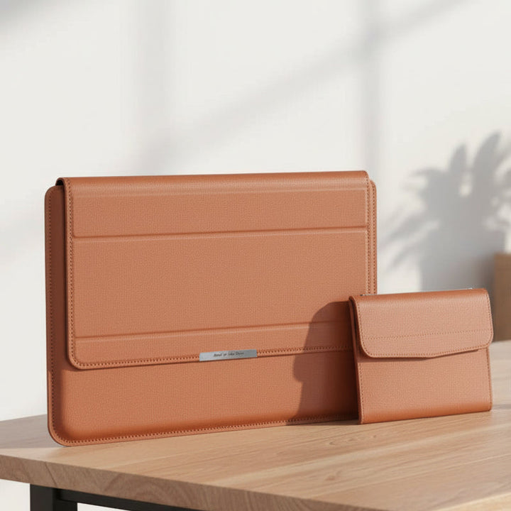 Unisex FlexiGuard protective laptop sleeve with integrated stand for device protection.