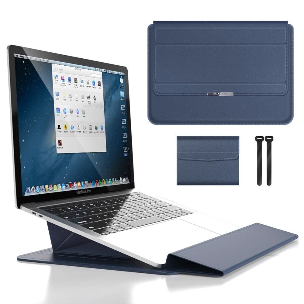 Protective laptop sleeve & portable stand for devices, slim, shock-resistant, and multifunctional.