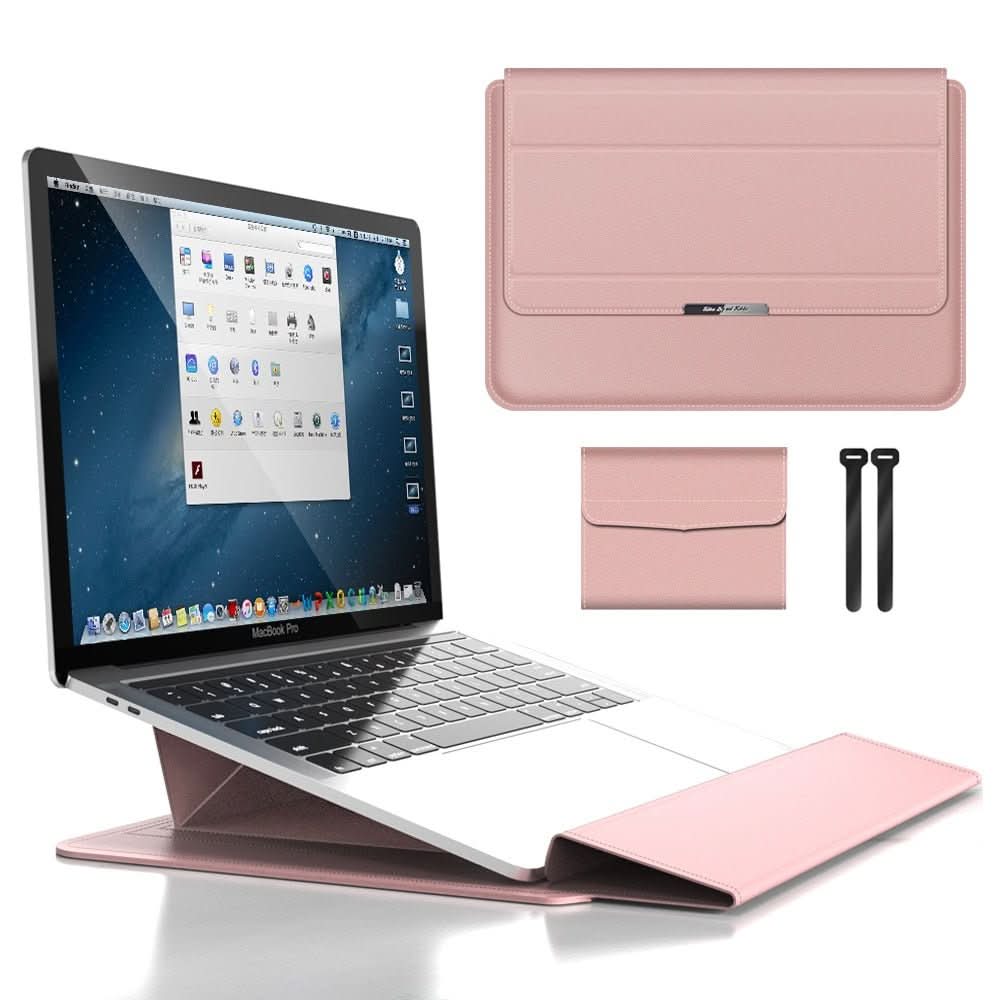 Ergonomic FlexiGuard laptop stand & protective sleeve for comfortable work and travel.