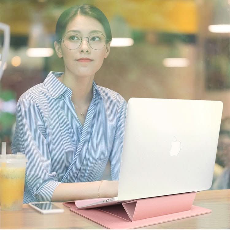 Travel-friendly laptop sleeve with a built-in stand, offering robust device protection.