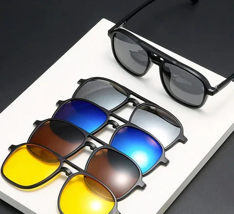 Unisex FlexView 6-in-1 sunglasses with black frame & interchangeable lenses, UV400 protection, for versatile daily wear