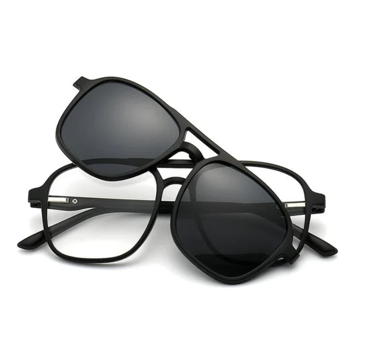 FlexView 6-in-1 interchangeable lens sunglasses on white background, highlighting lightweight design & fashion accessory