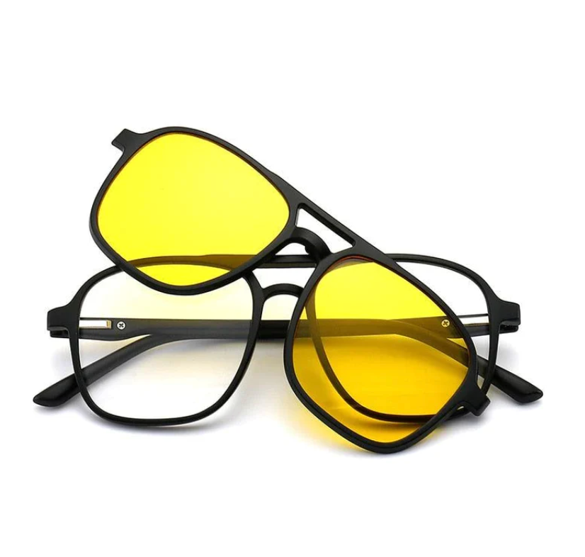 Close-up of FlexView 6-in-1 sunglasses showing detail of plastic frame and changeable lens mechanism, outdoor vision