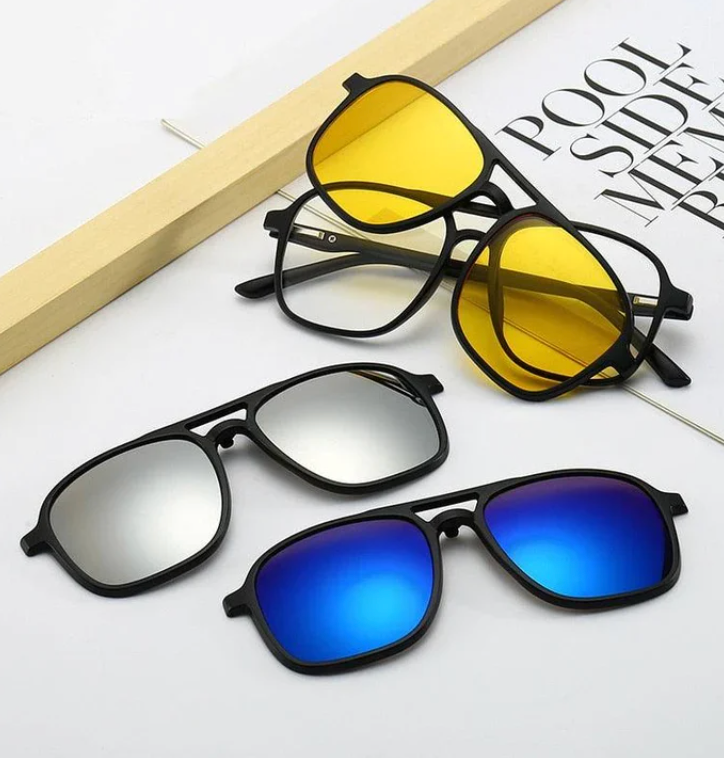 Set of different colored interchangeable lenses for FlexView 6-in-1 sunglasses, emphasizing versatility & UV400