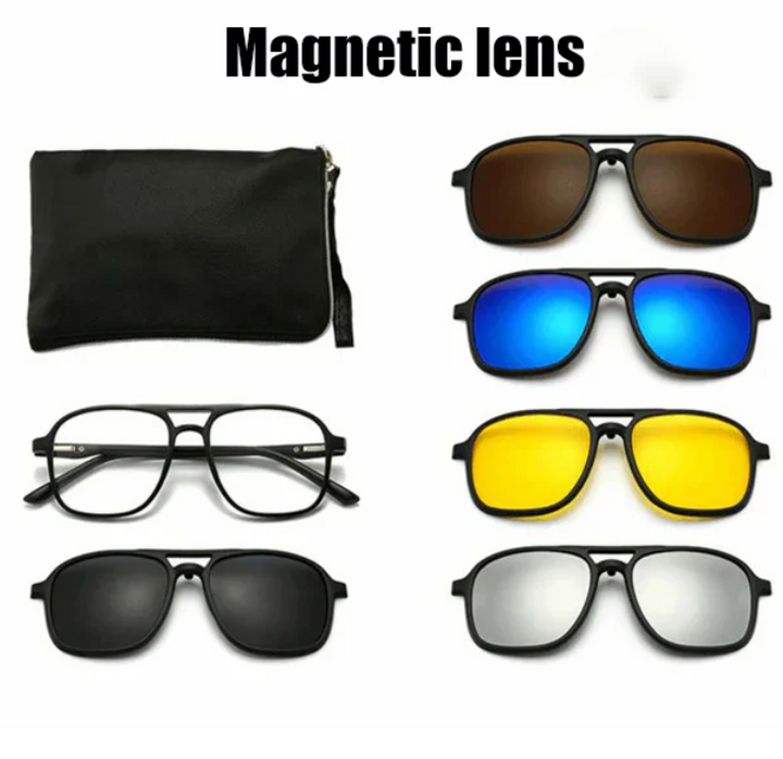 Unisex FlexView 6-in-1 eyewear with multiple lenses arranged, showcasing adaptable style for any outdoor activity