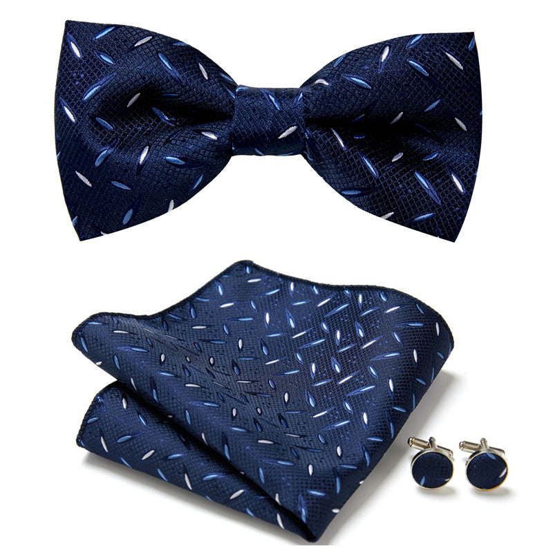Unisex floral bow tie set with matching pocket square & cufflinks, ideal for weddings and formal events.