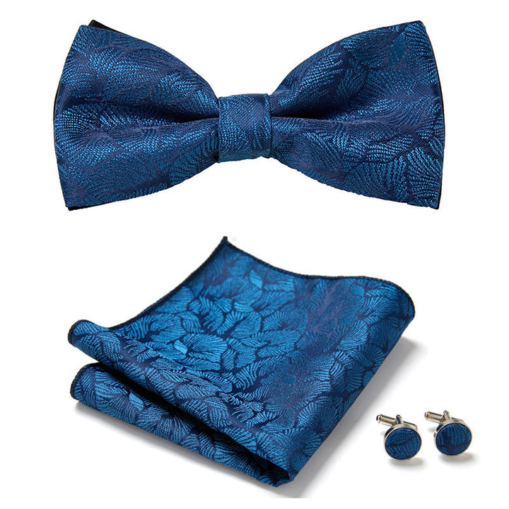 Elegant polyester floral bow tie set for men and women, includes pocket square & cufflinks. Perfect for parties.