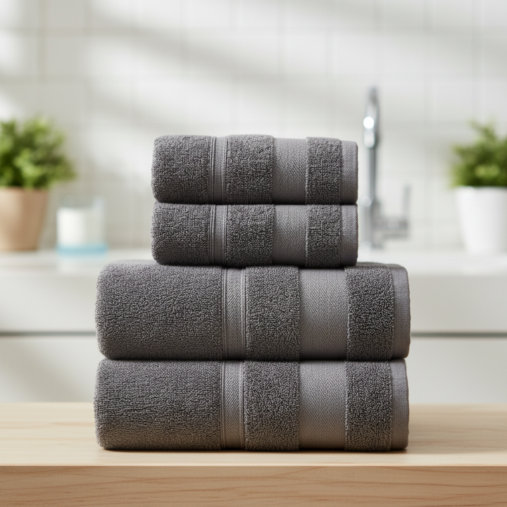 Unisex fluffy cotton terry towel set, absorbent bath towels in white, soft home decor for bathroom essentials
