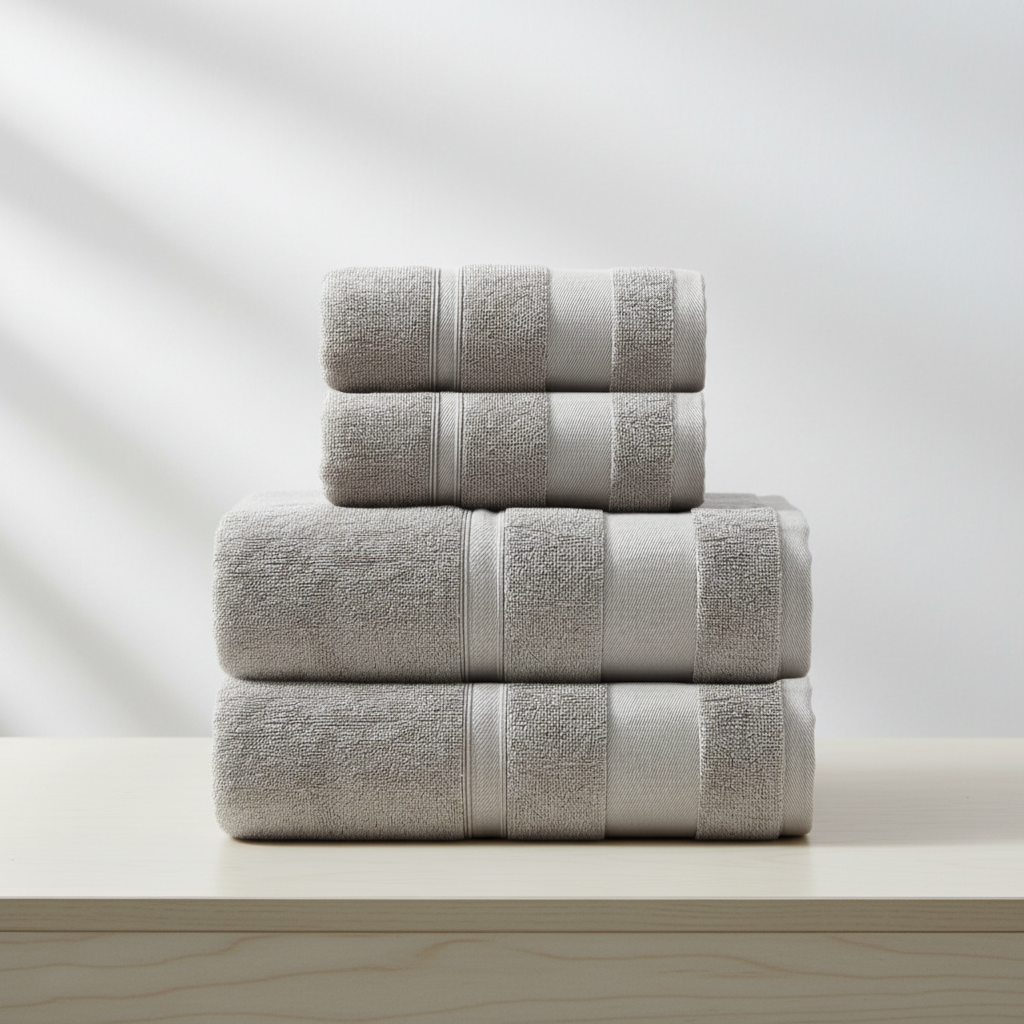 Luxurious fluffy cotton terry towel set, soft and absorbent bath towels, comfortable bathroom essentials
