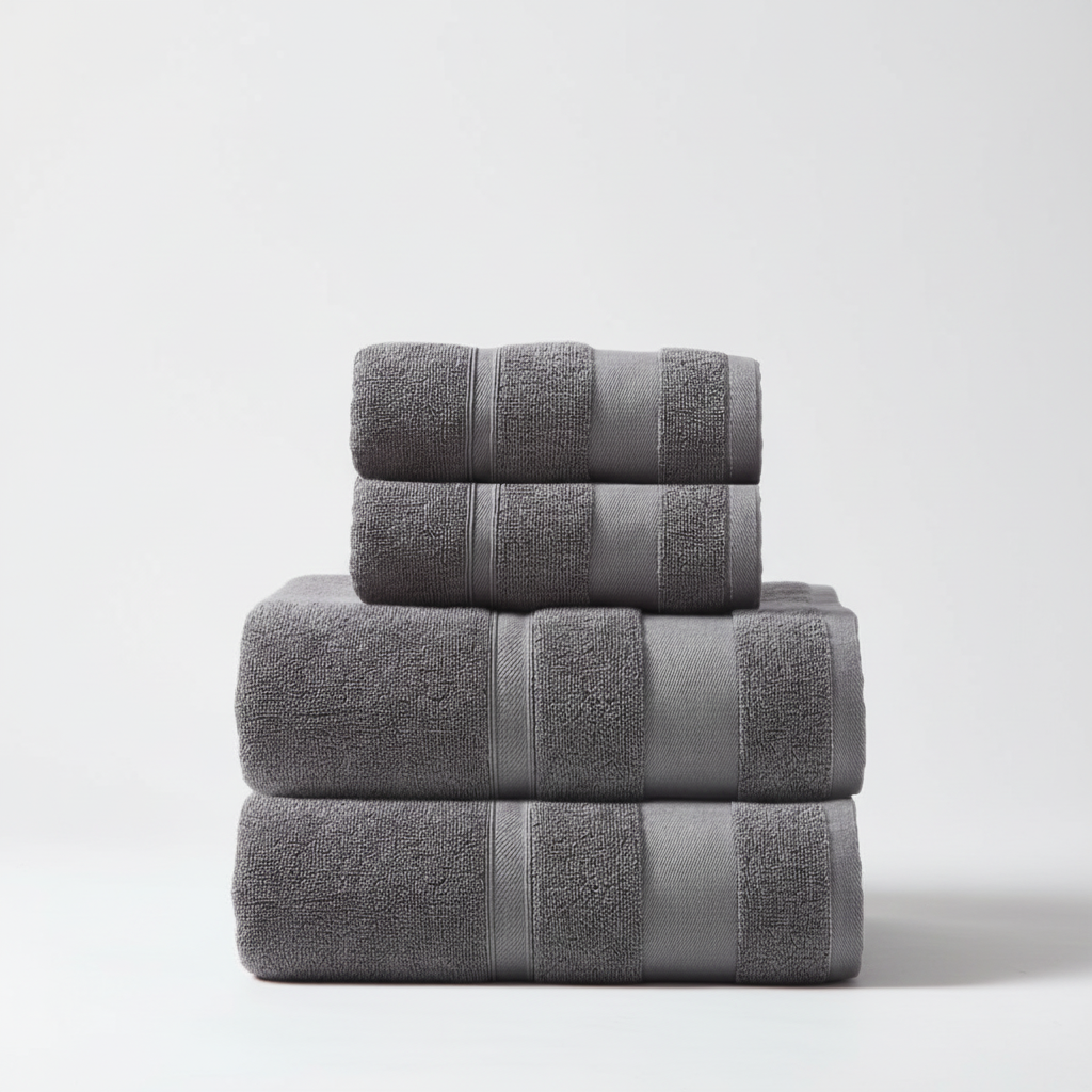 Stack of folded white fluffy cotton terry bath towels, absorbent and soft, essential for a luxury bathroom