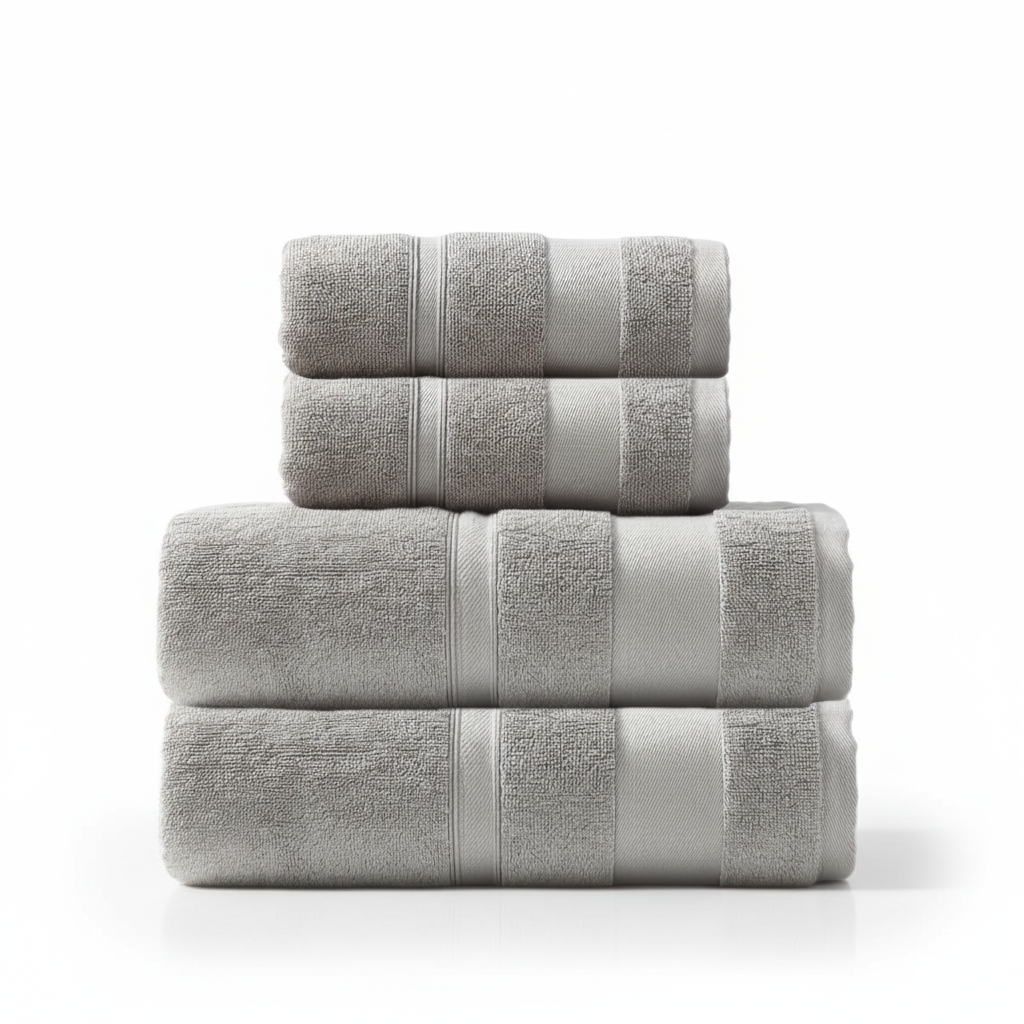Unisex cotton terry towel set draped elegantly, showcasing the fluffy texture and absorbent quality, home decor