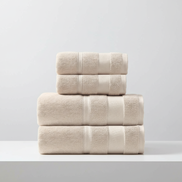Unisex terry cloth bath towel set in a modern bathroom setting, soft and absorbent cotton for home decor