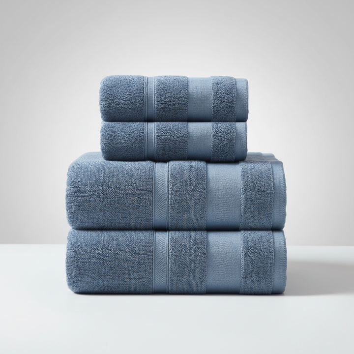 Assortment of fluffy cotton terry towels from the set, emphasizing their soft texture and absorbent properties